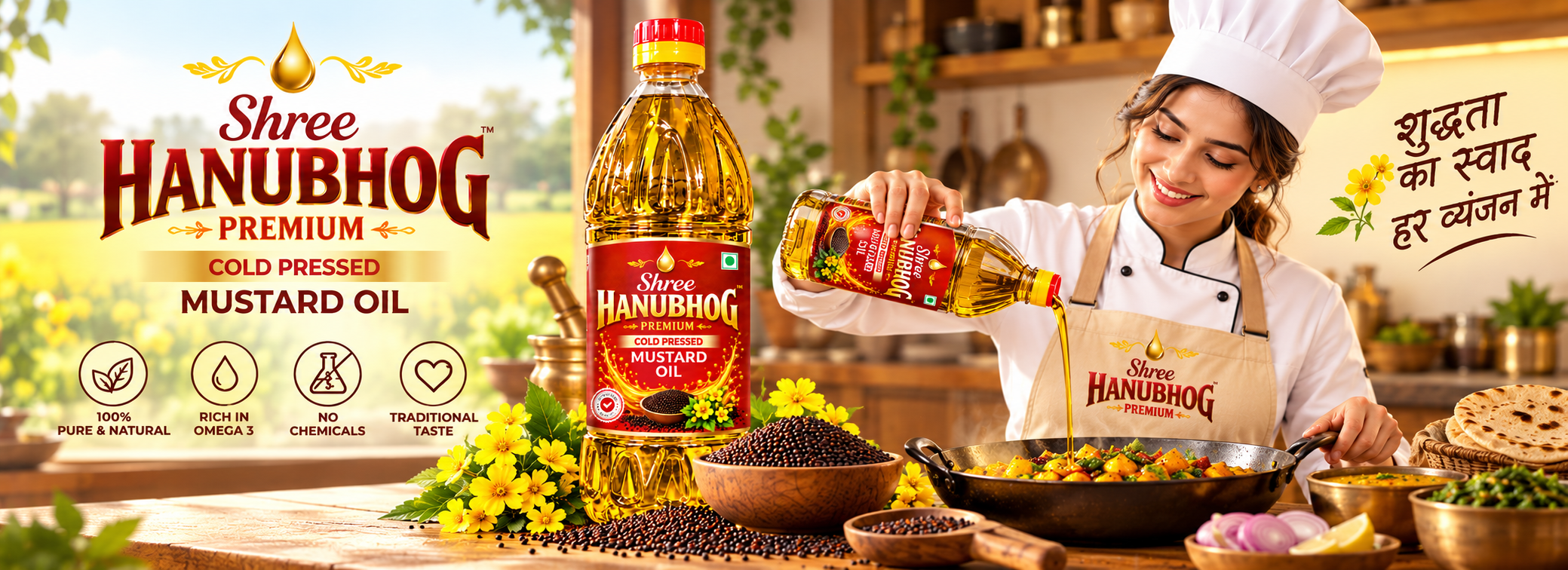 Shree Hanubhog cold-pressed mustard oil in a mustard field at sunrise — the taste of tradition